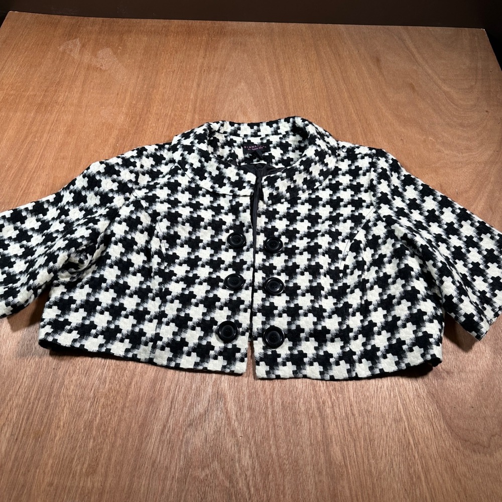 Robbie Bee Cropped Jacket Women 24W Black White Houndstooth Short Sleeve Blazer